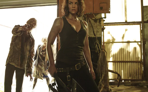 Maggie Greene, portrayed by Lauren Cohan, stands confidently in a tense moment from the TV show The Walking Dead, with zombies lurking in the background. HD wallpaper.