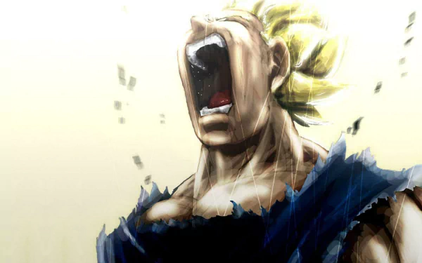 HD desktop wallpaper of Vegeta from Dragon Ball Z, depicting an intense scene with Vegeta in his Super Saiyan form, wearing a torn blue outfit and screaming against a light background.