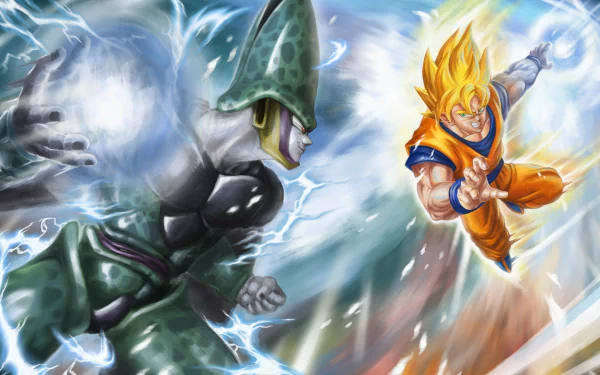HD desktop wallpaper featuring an intense showdown between Super Saiyan Goku and Cell from Dragon Ball Z, showcasing vibrant energy clashes.