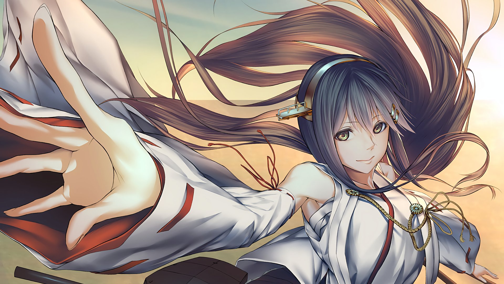 A dynamic HD wallpaper featuring Fusou from Kantai Collection, showcasing her in an elegant pose with flowing hair against a soft, colorful background.