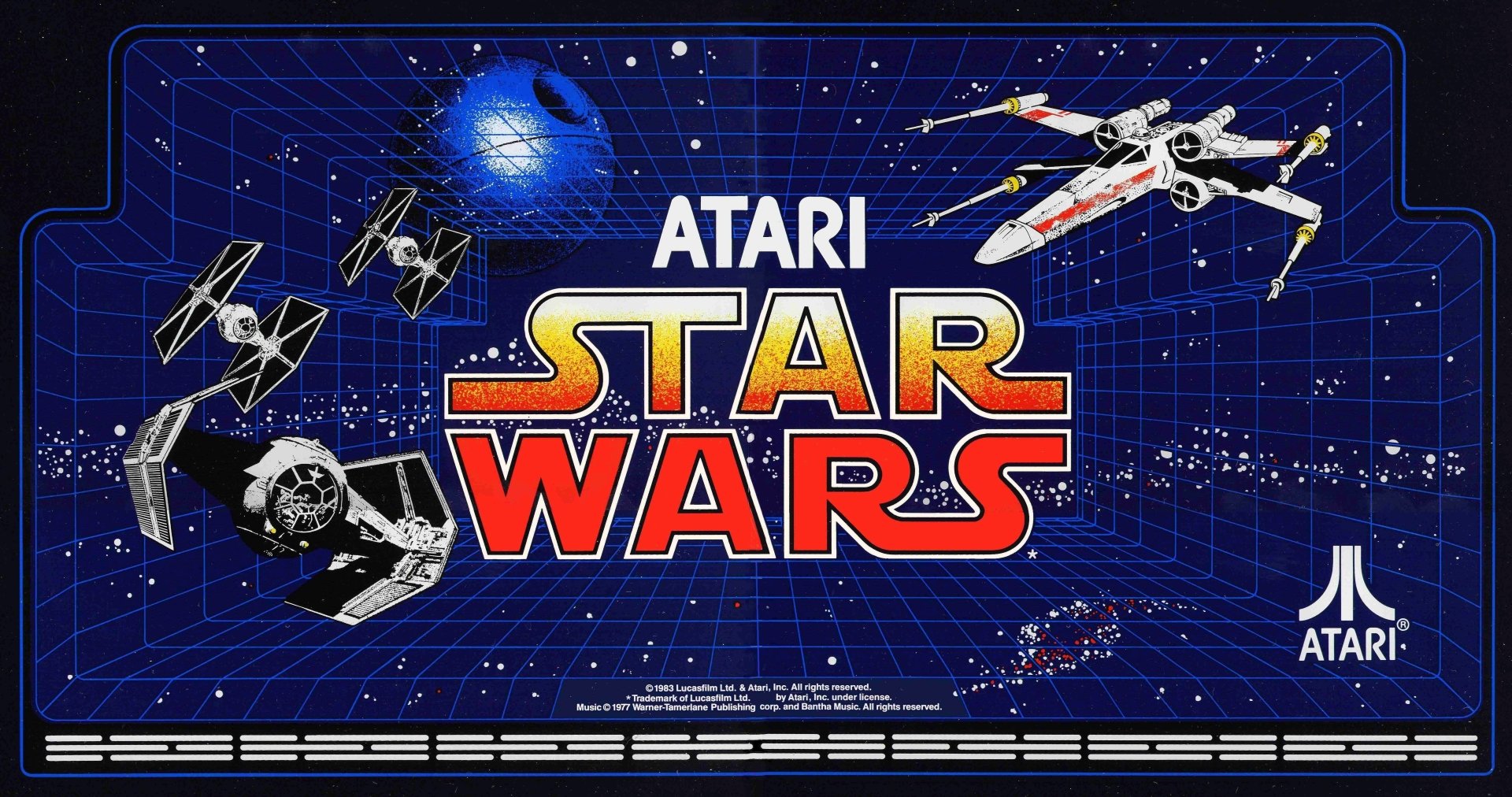 4K Ultra HD PC desktop wallpaper featuring Atari Star Wars video game art with iconic starfighters and the Death Star against a starfield grid background.