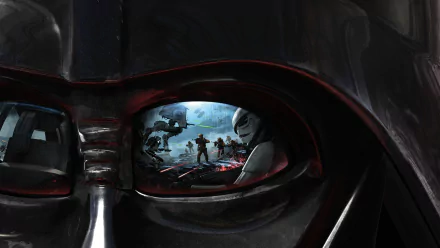 A striking HD desktop wallpaper from Star Wars Battlefront (2015), featuring a close-up of Darth Vader's helmet with a vivid reflection of an epic battle scene.
