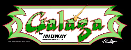 Galaga video game logo in bold green and red with a starburst accent on a white retro arcade banner — 4K Ultra HD PC desktop wallpaper and background.