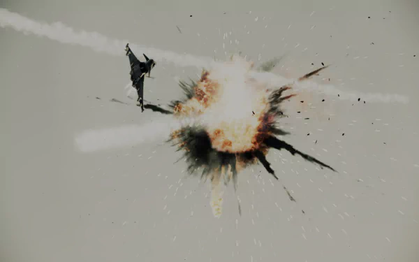 Video game Ace Combat: Assault Horizon 2K Quad HD PC desktop wallpaper showing a fighter jet diving past a midair explosion, debris and smoke streaking across a pale sky.