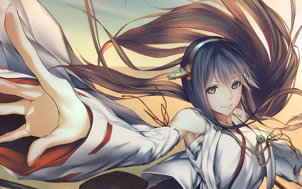 A dynamic HD wallpaper featuring Fusou from Kantai Collection, showcasing her in an elegant pose with flowing hair against a soft, colorful background.