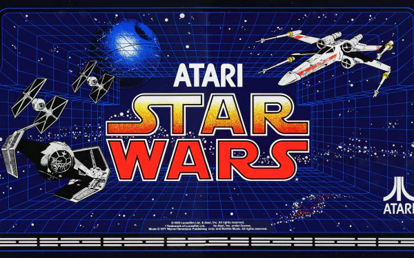 4K Ultra HD PC desktop wallpaper featuring Atari Star Wars video game art with iconic starfighters and the Death Star against a starfield grid background.