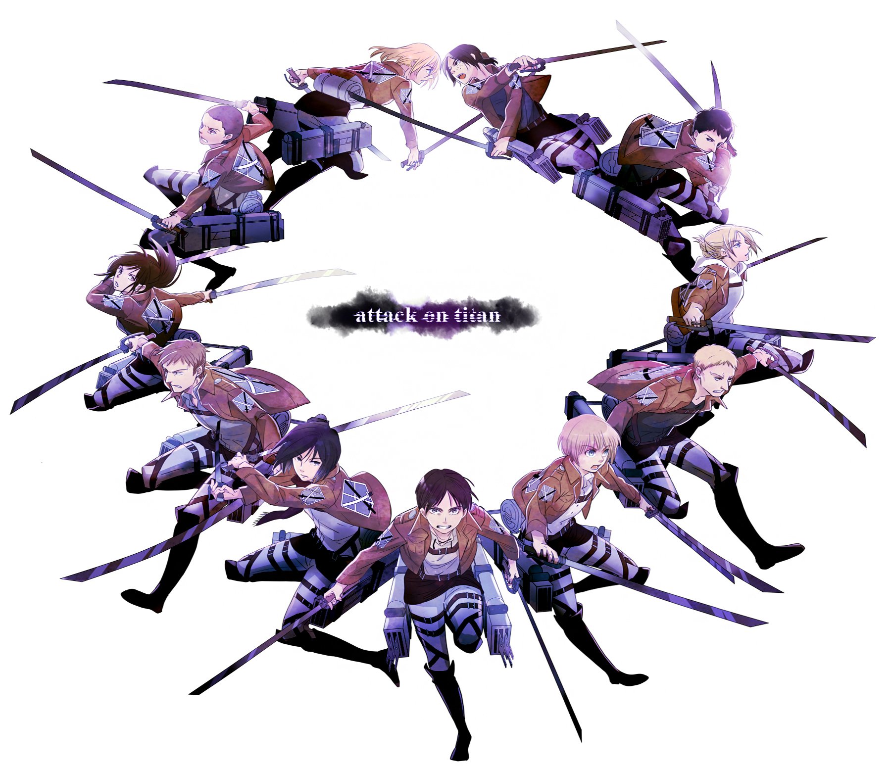 A dynamic HD wallpaper featuring characters from Attack on Titan, including Eren Yeager, Mikasa Ackerman, and Reiner Braun, arranged in a striking circular composition.