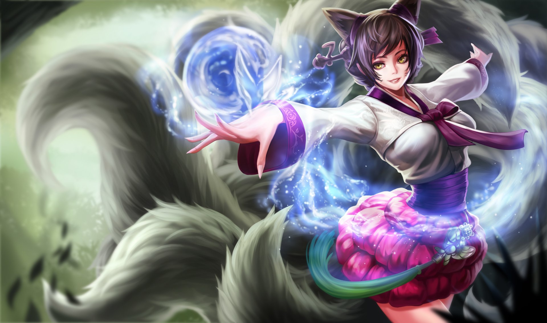 Ahri from League of Legends casts a magical spell, surrounded by ethereal mist and her nine tails, in this stunning 4K Ultra HD wallpaper.