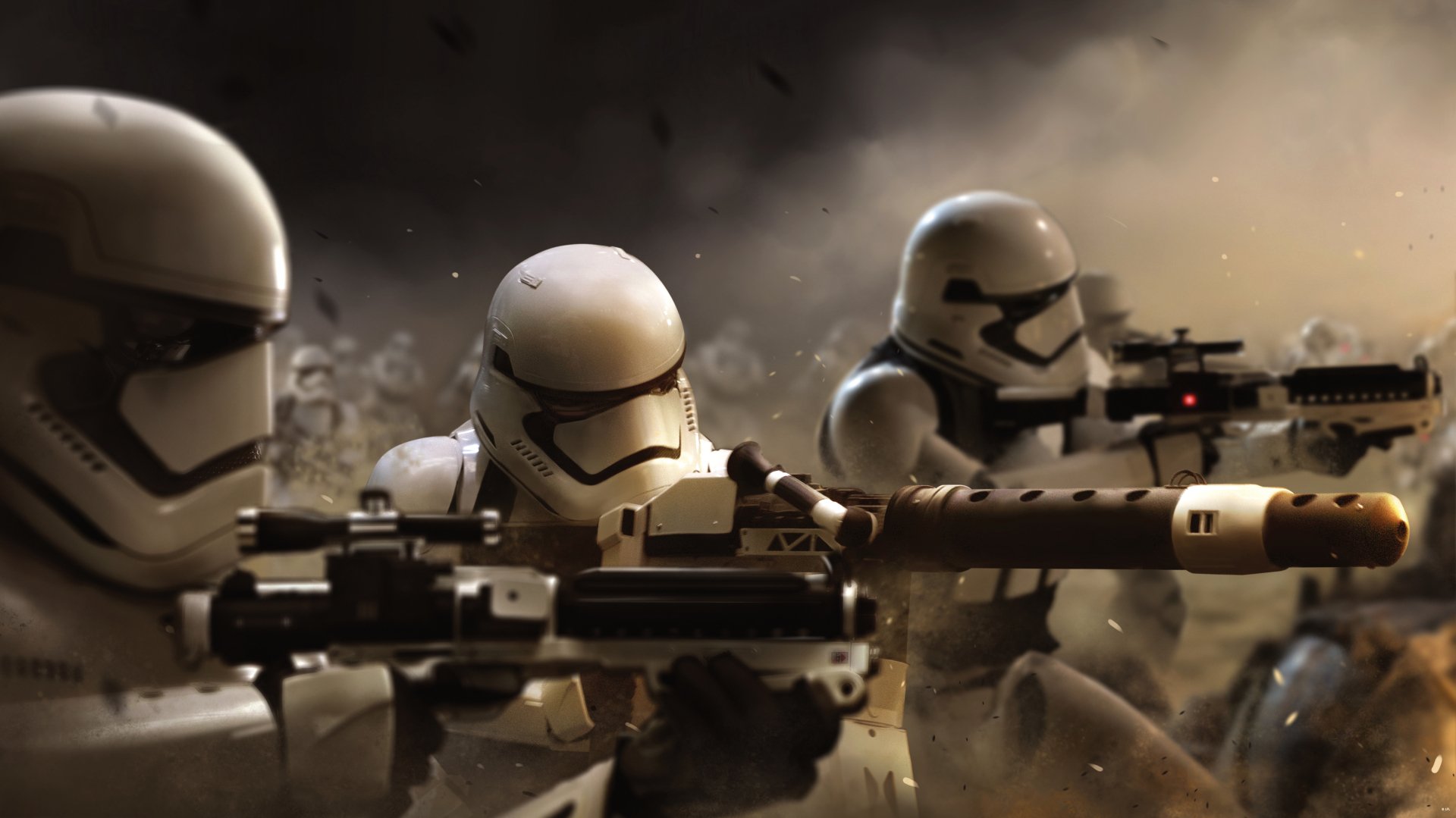HD wallpaper featuring stormtroopers in action from Star Wars Episode VII: The Force Awakens, immersed in a battle scene with dramatic lighting and intense atmosphere.