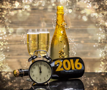 A festive image featuring two glasses of champagne, a sparkling bottle, and a clock striking midnight, all set against a backdrop celebrating New Year 2016.