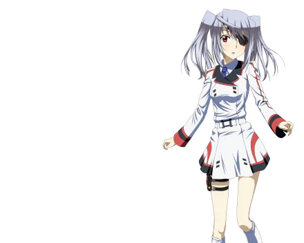 A vibrant HD wallpaper featuring Laura Bodewig from the anime Infinite Stratos, showcasing her in a stylish white uniform against a minimalist background.