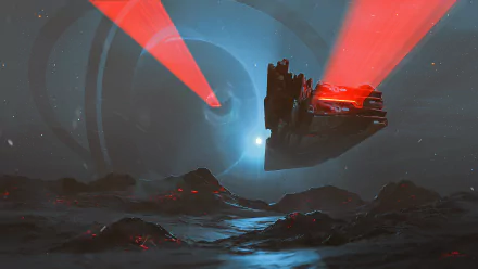 A futuristic landscape featuring a spaceship emitting red beams against a backdrop of a planet's ring, creating a captivating sci-fi scene in HD.