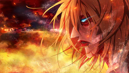 Annie Leonhart from Anime Attack on Titan features in this HD desktop wallpaper, showcasing her intense expression against a dramatic, fiery background.