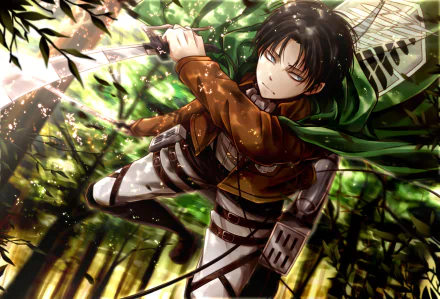 A dynamic HD wallpaper featuring Levi Ackerman from Attack on Titan, poised for action in a forest with his signature swords. The vibrant anime artwork captures his intense gaze and swift movement.