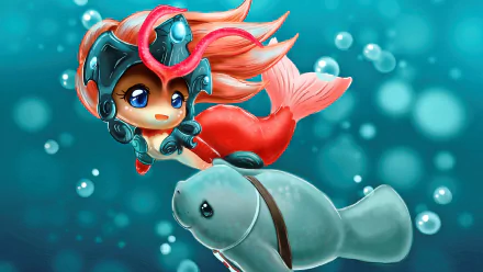 A vibrant HD desktop wallpaper featuring Nami from League of Legends, a playful mermaid swimming alongside a friendly manatee in a bubbly underwater scene.