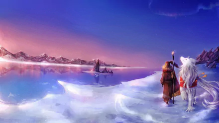 Fantasy landscape featuring a woman and a white horse standing on icy terrain under a vibrant sky, designed as an HD PC desktop wallpaper and background.