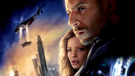 HD PC desktop wallpaper for the film Babylon A.D.: close-up of two lead characters—man and woman—overlooking a dystopian city skyline with a helicopter and towering futuristic buildings.