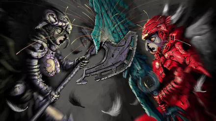 HD desktop wallpaper featuring Shalltear Bloodfallen and Albedo from the anime Overlord, depicted in a dynamic battle scene with dark, intense tones and detailed, dramatic armor designs.