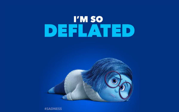 HD desktop wallpaper featuring Sadness from the movie Inside Out with the caption I’m so deflated on a blue background.