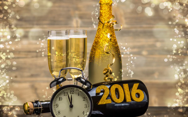 A festive image featuring two glasses of champagne, a sparkling bottle, and a clock striking midnight, all set against a backdrop celebrating New Year 2016.