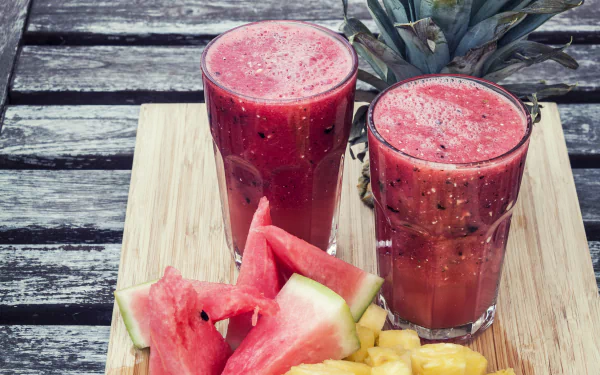 Two glasses of vibrant watermelon and pineapple juice sit on a wooden board, accompanied by fresh fruit pieces, creating a refreshing and colorful smoothie scene in 4K Ultra HD.