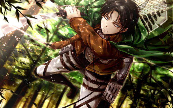A dynamic HD wallpaper featuring Levi Ackerman from Attack on Titan, poised for action in a forest with his signature swords. The vibrant anime artwork captures his intense gaze and swift movement.