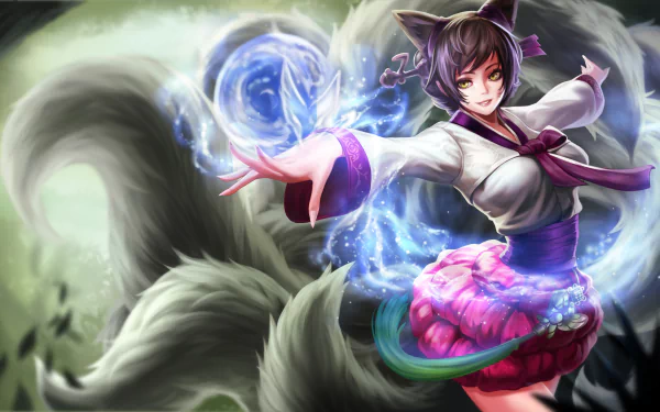 Ahri from League of Legends casts a magical spell, surrounded by ethereal mist and her nine tails, in this stunning 4K Ultra HD wallpaper.