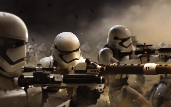 HD wallpaper featuring stormtroopers in action from Star Wars Episode VII: The Force Awakens, immersed in a battle scene with dramatic lighting and intense atmosphere.