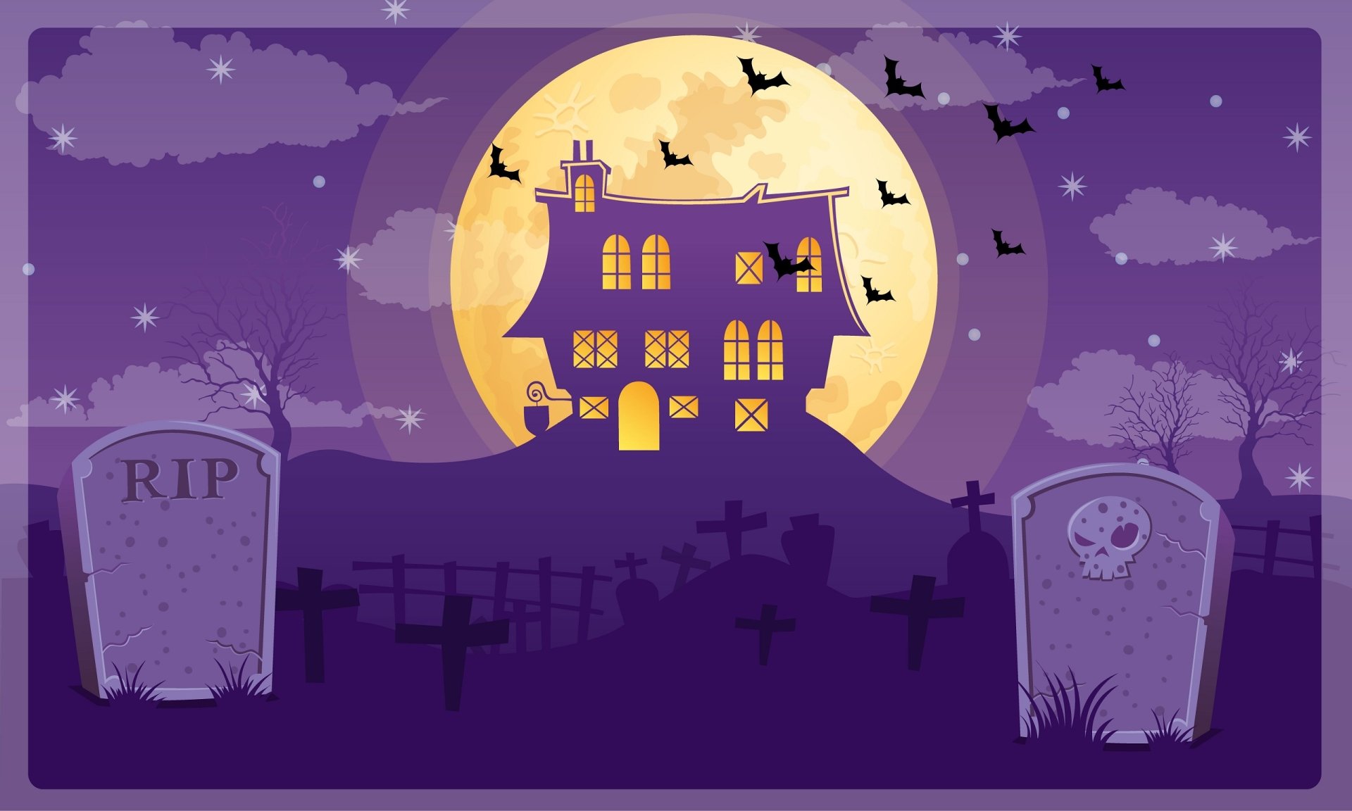 HD PC desktop wallpaper depicting a Halloween holiday scene with a haunted house, full moon, flying bats, gravestones, and a purple night sky.