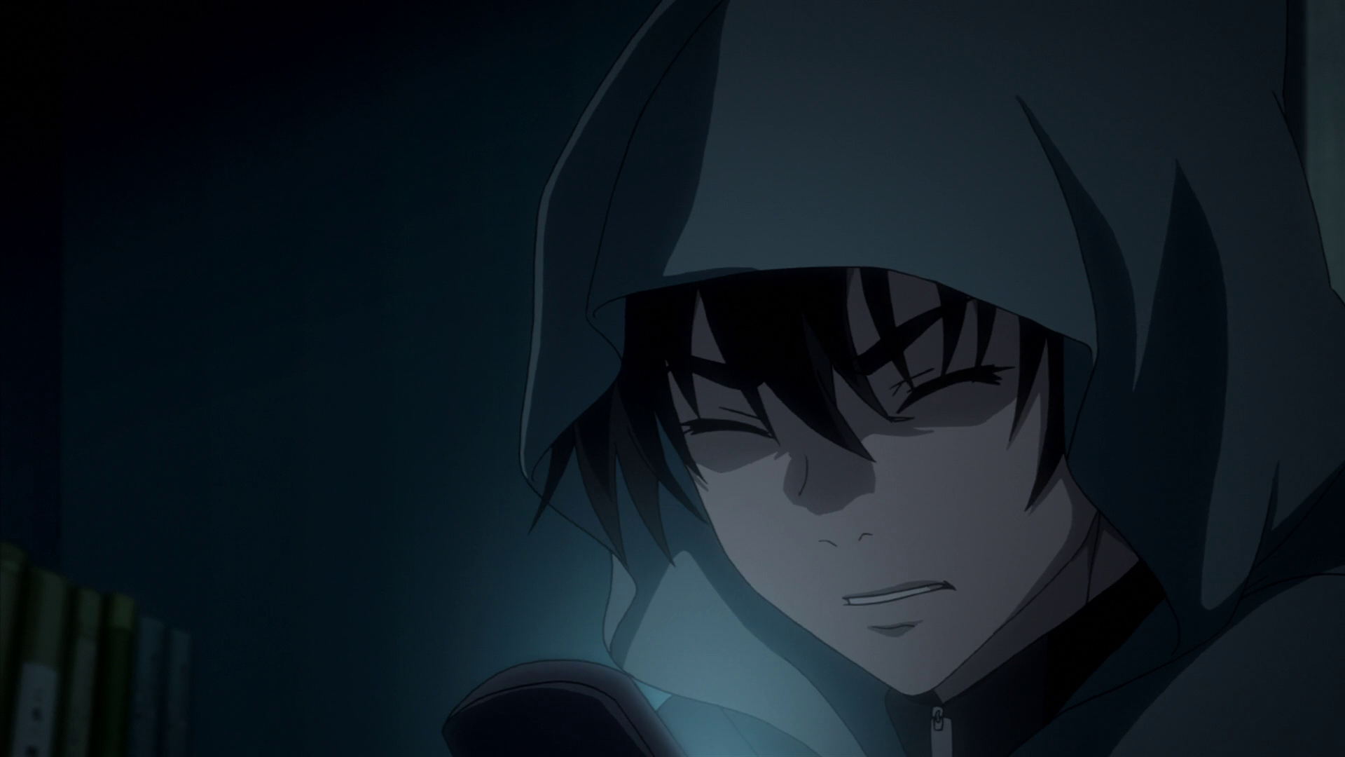HD anime desktop wallpaper featuring Yukiteru Amano from Mirai Nikki, depicted in a dark, intense scene with moody lighting and a hooded expression.