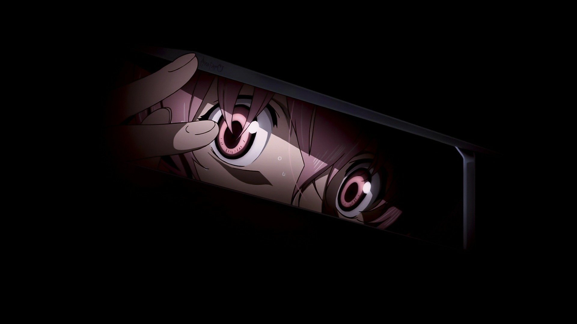 HD desktop wallpaper featuring Yuno Gasai from the anime Mirai Nikki, showcasing her intense gaze and distinctive pink hair against a dark backdrop.