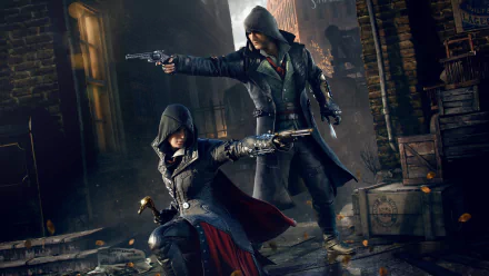 HD desktop wallpaper featuring Evie Frye and Jacob Frye from the video game Assassin's Creed: Syndicate, standing armed and ready in a dark, gritty urban setting.