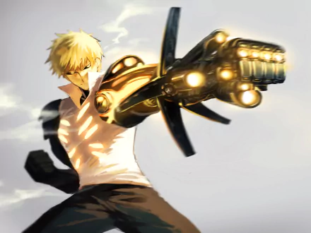 HD wallpaper featuring Genos from One-Punch Man, striking a dynamic pose with his powerful robotic arm, showcasing the anime's distinctive art style and action-packed essence.