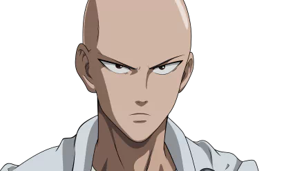 Close-up of Saitama from One-Punch Man, showcasing his determined expression. This vibrant image serves as an 8K Ultra HD wallpaper for fans of the anime.