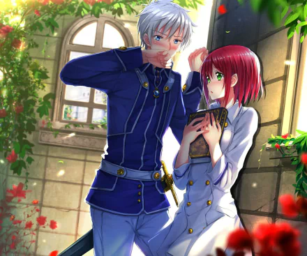 A vibrant HD wallpaper featuring Zen Wistalia Clarines and Shirayuki from Snow White With The Red Hair, set in a beautifully decorated interior surrounded by greenery.