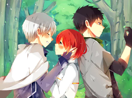 A vibrant HD wallpaper featuring Shirayuki and her companions, Obi and Zen Wistalia Clarines, from the anime Snow White with the Red Hair, set in a lush forest backdrop.