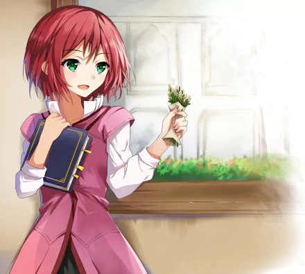 A vibrant HD wallpaper featuring Shirayuki from Snow White With The Red Hair, showcasing her with a book and green herbs, set against a warm, inviting background.
