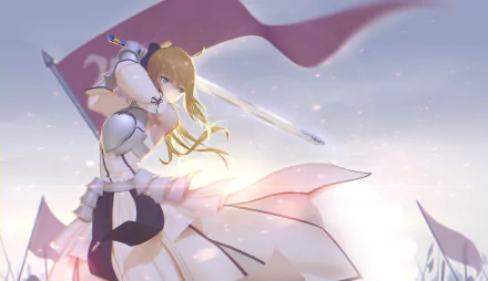 Saber Lily, a character from the Fate series, stands confidently wielding a sword in her elegant white dress and armor, with green eyes and flowing blonde hair against a backdrop of flags.