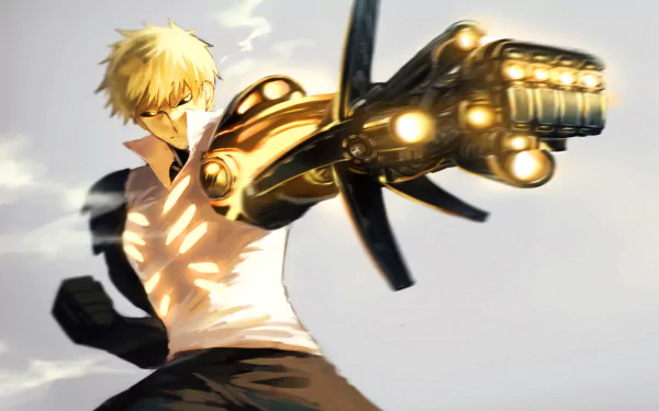 HD wallpaper featuring Genos from One-Punch Man, striking a dynamic pose with his powerful robotic arm, showcasing the anime's distinctive art style and action-packed essence.