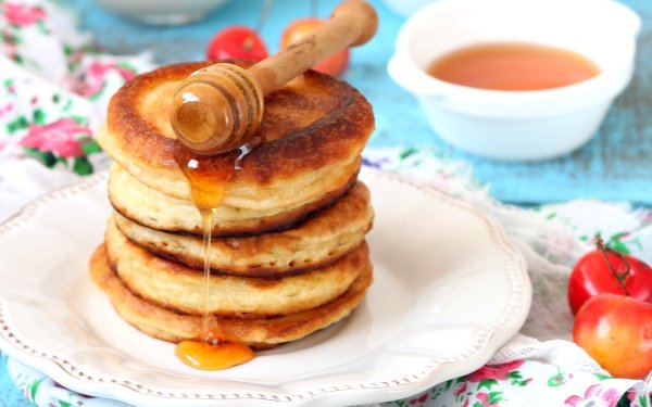 Food Pancake Cherry Honey Breakfast HD Wallpaper | Background Image