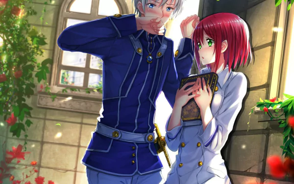 A vibrant HD wallpaper featuring Zen Wistalia Clarines and Shirayuki from Snow White With The Red Hair, set in a beautifully decorated interior surrounded by greenery.