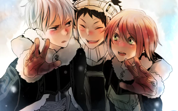 HD PC wallpaper featuring anime characters Obi, Zen Wistalia Clarines, and Shirayuki from Snow White with the Red Hair, showcasing a warm and cheerful moment together.