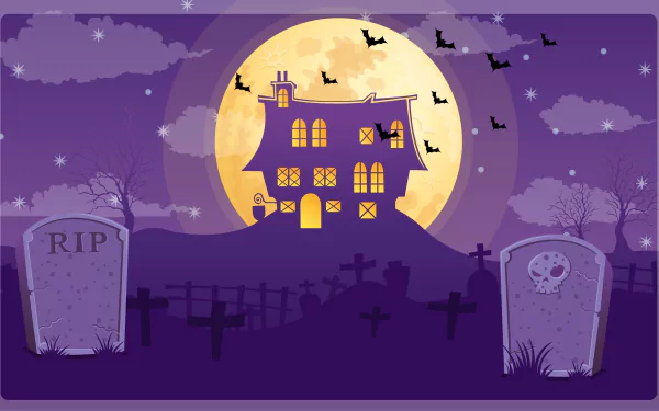 HD PC desktop wallpaper depicting a Halloween holiday scene with a haunted house, full moon, flying bats, gravestones, and a purple night sky.