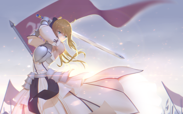 Anime Fate/unlimited codes Fate Series Saber Blonde Saber Lily Armor White Dress Sword Green Eyes Flag HD Wallpaper | Background Image