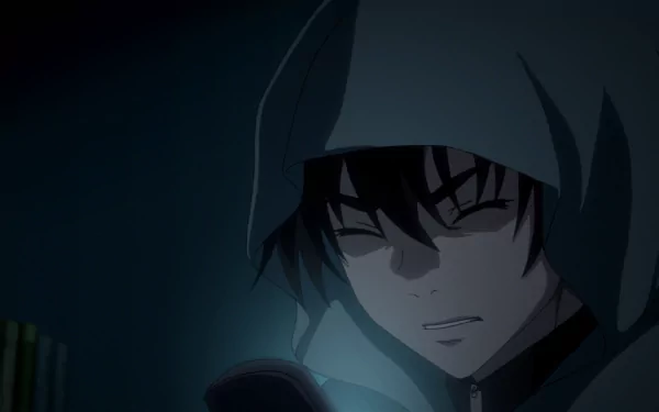 HD anime desktop wallpaper featuring Yukiteru Amano from Mirai Nikki, depicted in a dark, intense scene with moody lighting and a hooded expression.