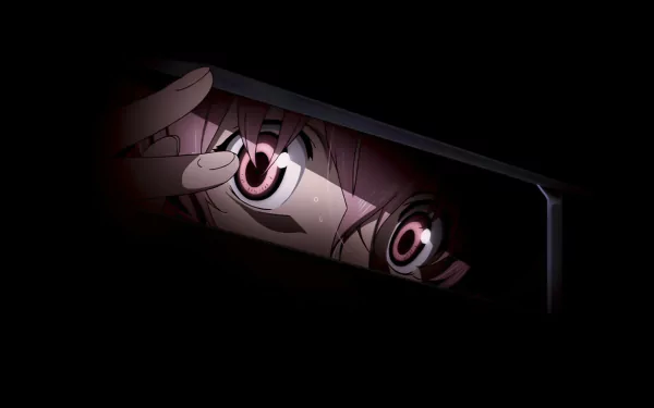 HD desktop wallpaper featuring Yuno Gasai from the anime Mirai Nikki, showcasing her intense gaze and distinctive pink hair against a dark backdrop.