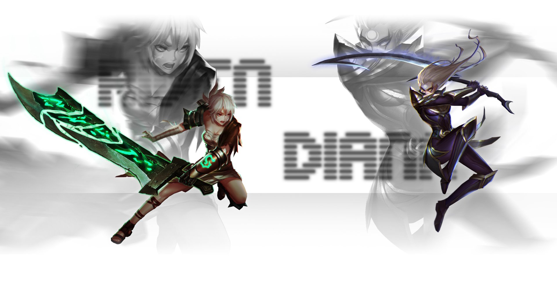 HD PC desktop wallpaper featuring Diana and Riven from the video game League of Legends in dynamic poses with stylized text in the background.