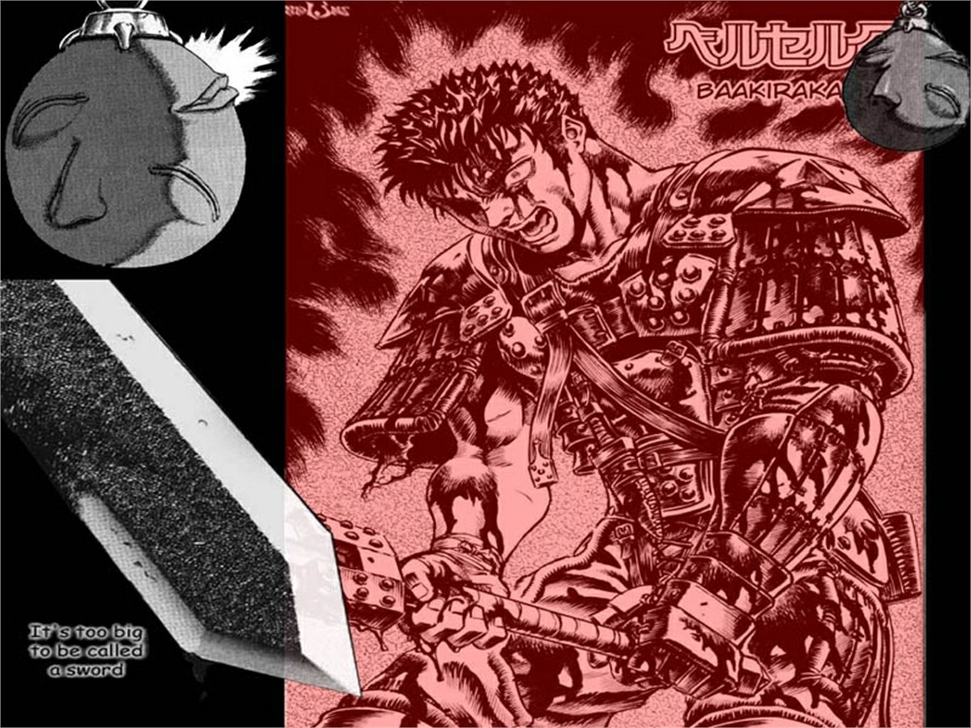 Anime Berserk HD PC desktop wallpaper and background: red-toned manga-style image of Guts in heavy armor, roaring as he grips his massive sword, with gritty panel fragments along the left side.