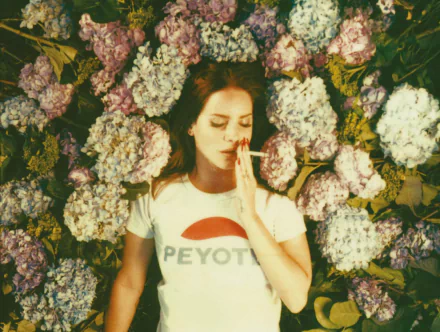 HD desktop wallpaper featuring Lana Del Rey lying among hydrangea flowers, wearing a white PEYOTE t-shirt, evoking a dreamy, musical aesthetic.