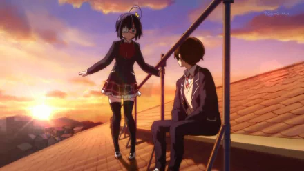 HD anime desktop wallpaper featuring Yūta Togashi and Rikka Takanashi from Love Chunibyo & Other Delusions, set against a vibrant sunset sky on a rooftop.
